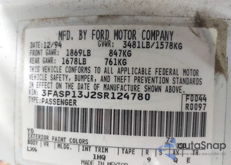 1995 Ford Escort Lx/Sport from USA, damaged, VIN 3FASP13J2SR124780